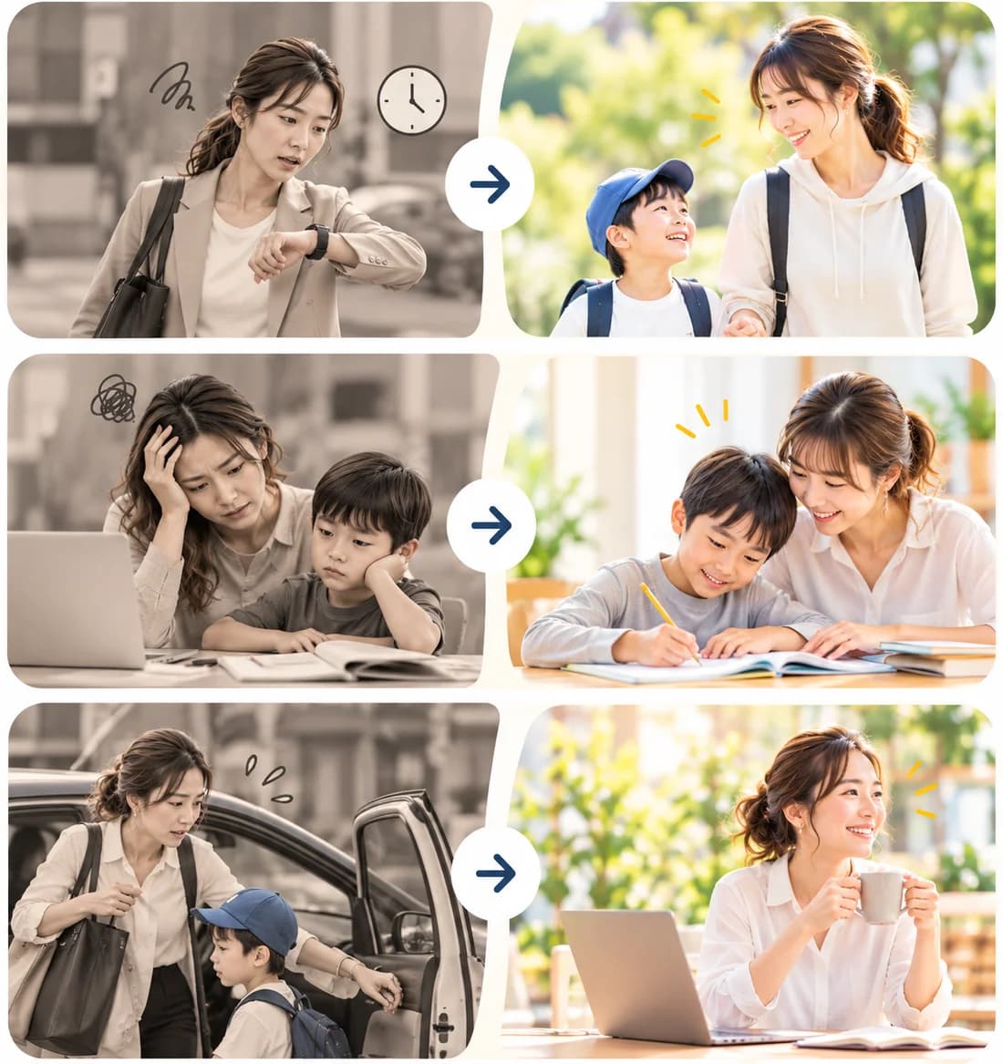 時計を気にして送迎を急ぐ保護者のイメージ